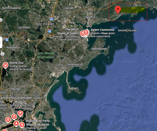 Map of eastern Massachusetts with various locations marked on it.